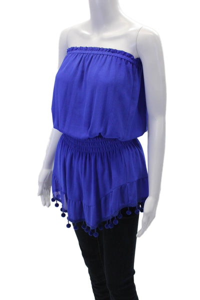 Ramy Brook Womens Sleeveless Smocked Waist Pom Pom Trim Top Blue Size S