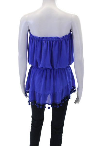 Ramy Brook Womens Sleeveless Smocked Waist Pom Pom Trim Top Blue Size S