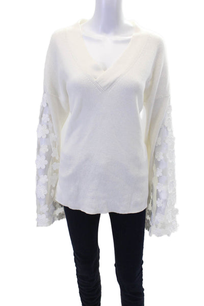 French Connection Womens Cotton Mesh Floral Long Sleeve Sweater White Size M