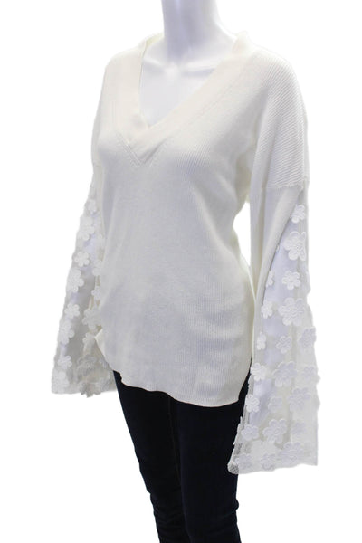 French Connection Womens Cotton Mesh Floral Long Sleeve Sweater White Size M