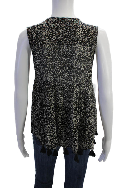 Banjanan Womens Sleeveless Crew Neck Floral Tassel Top Black White Size Small