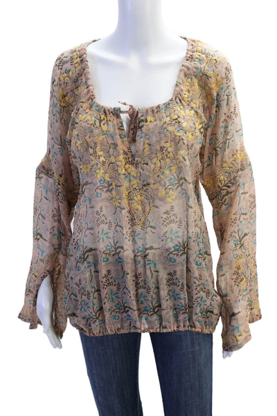 Calypso Christiane Celle Womens Long Sleeve Keyhole Silk Floral Top Brown Size 1