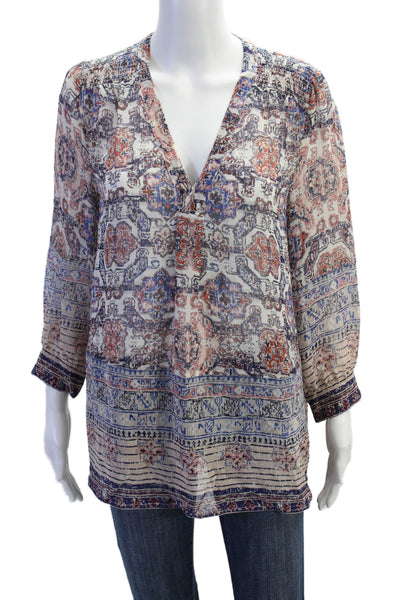 Joie Womens 3/4 Sleeve V Neck Abstract Silk Blouse White Multi Size Small