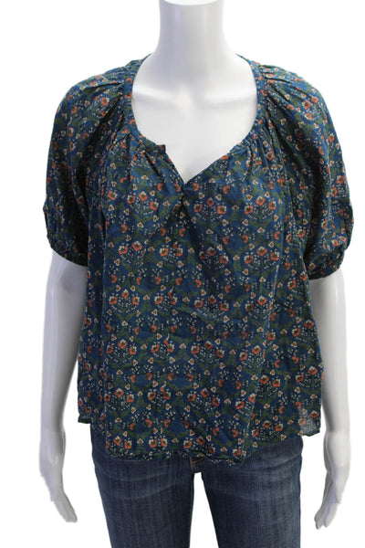 Roller Rabbit Womens Short Sleeve V Neck Floral Blouse Blue Multi Cotton Small