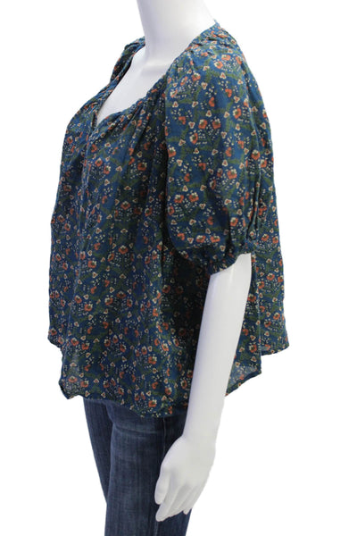 Roller Rabbit Womens Short Sleeve V Neck Floral Blouse Blue Multi Cotton Small