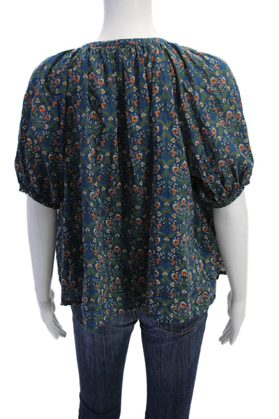 Roller Rabbit Womens Short Sleeve V Neck Floral Blouse Blue Multi Cotton Small