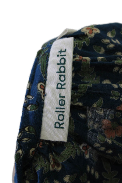 Roller Rabbit Womens Short Sleeve V Neck Floral Blouse Blue Multi Cotton Small