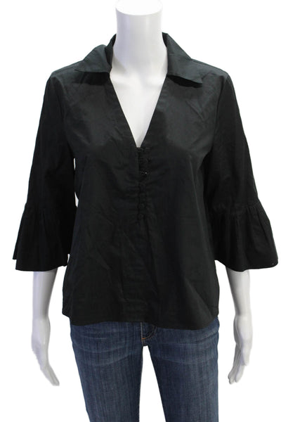 Club Monaco Womens 3/4 Sleeve Collared V Neck Blouse Black Cotton Size Small