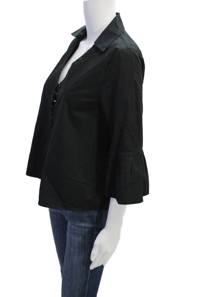 Club Monaco Womens 3/4 Sleeve Collared V Neck Blouse Black Cotton Size Small