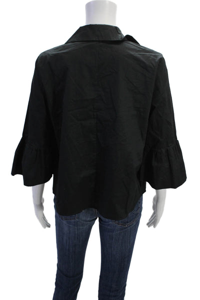 Club Monaco Womens 3/4 Sleeve Collared V Neck Blouse Black Cotton Size Small