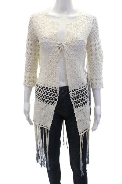 Lisa Maree Womens 3/4 Sleeve Open-Knit Tasseled Cardigan Sweater White Size XS