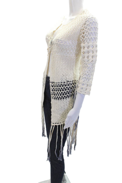 Lisa Maree Womens 3/4 Sleeve Open-Knit Tasseled Cardigan Sweater White Size XS