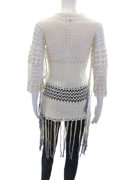 Lisa Maree Womens 3/4 Sleeve Open-Knit Tasseled Cardigan Sweater White Size XS