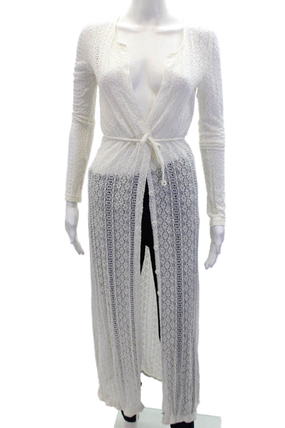 L Space Womens Embroidered Long Sleeve Open Front Cover Up White Size XS