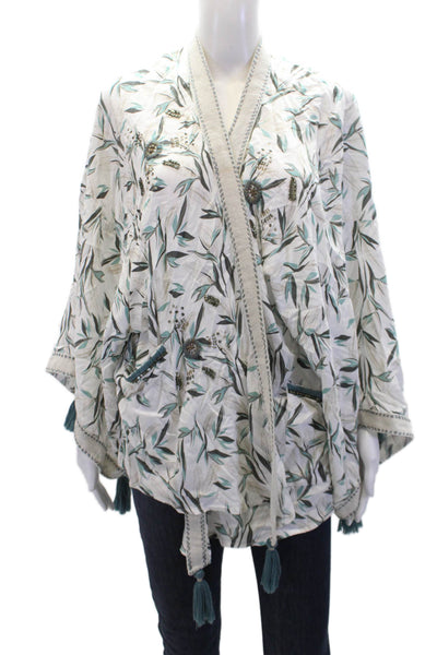 Skemo Womens Floral Print Sequined Short Sleeve Open Front Cover Up White Size S