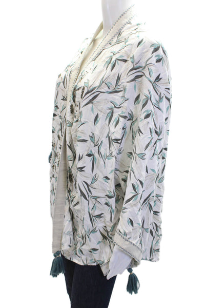 Skemo Womens Floral Print Sequined Short Sleeve Open Front Cover Up White Size S