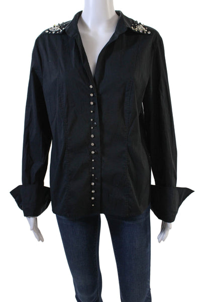 Luisa Cerano Womens V Neck Crystal Embellished Button Down Blouse Black Size 12