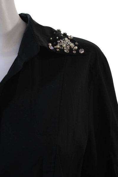 Luisa Cerano Womens V Neck Crystal Embellished Button Down Blouse Black Size 12