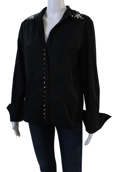 Luisa Cerano Womens V Neck Crystal Embellished Button Down Blouse Black Size 12