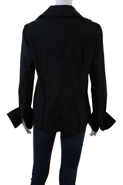 Luisa Cerano Womens V Neck Crystal Embellished Button Down Blouse Black Size 12