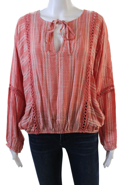 Elan Womens Long Sleeve Embroidered Striped V Neck Blouse Pink Size M