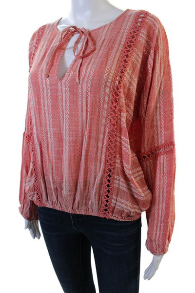 Elan Womens Long Sleeve Embroidered Striped V Neck Blouse Pink Size M