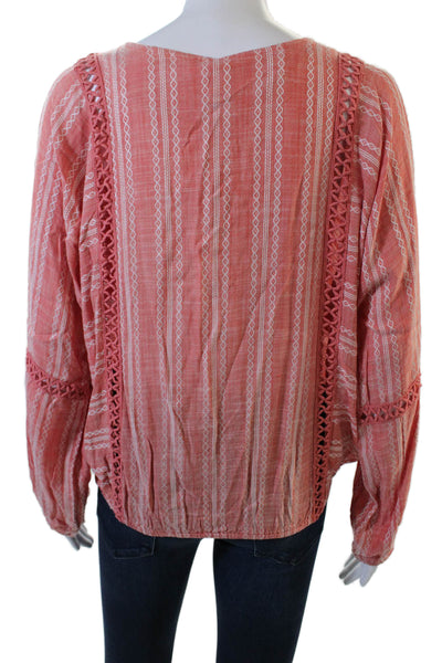 Elan Womens Long Sleeve Embroidered Striped V Neck Blouse Pink Size M