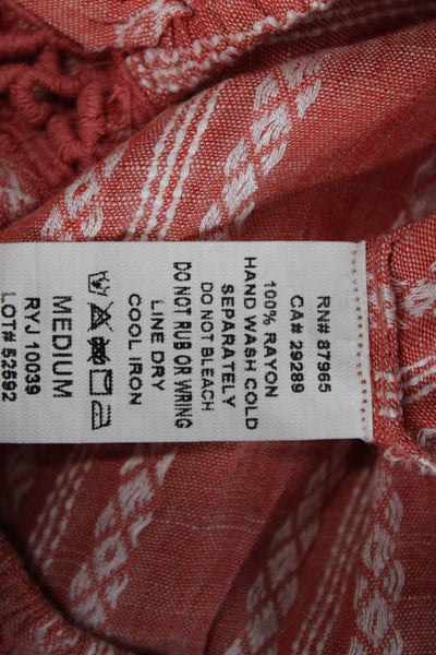 Elan Womens Long Sleeve Embroidered Striped V Neck Blouse Pink Size M