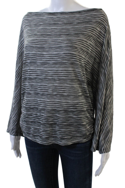 Monrow Womens Long Sleeve Striped Boat Neck T Shirt Black White Size XS