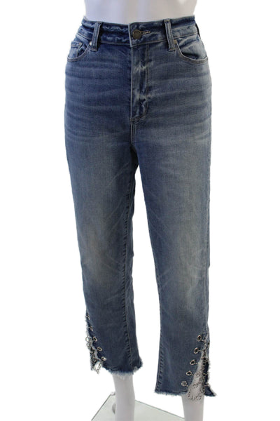 Paige Womens Haxton Straight Ankle Raw Hem Chain Detail Jeans Blue Size 30