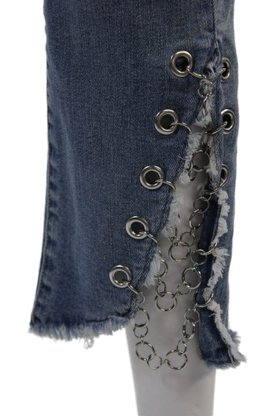 Paige Womens Haxton Straight Ankle Raw Hem Chain Detail Jeans Blue Size 30