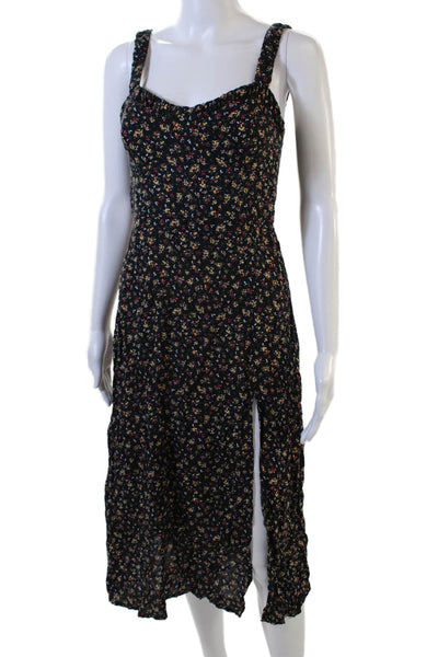 Zara Womens Sleeveless V Neck Floral Printed Slit Mini Dress Black Size Medium