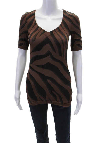 Wolford Womens Striped V Neck Short Sleeves Blouse Brown Black Size Small