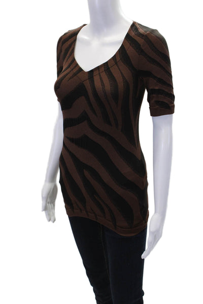 Wolford Womens Striped V Neck Short Sleeves Blouse Brown Black Size Small