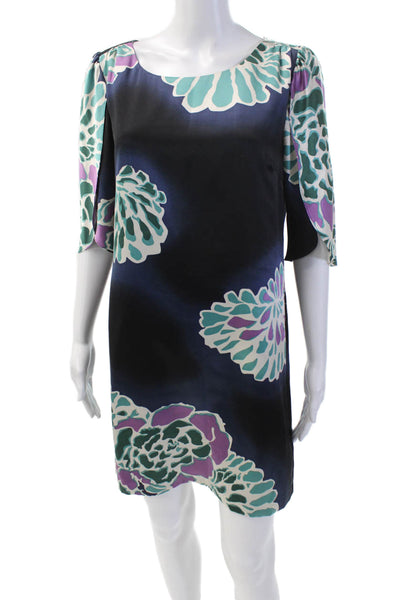 Tibi Womens Silk Floral Print Short Sleeve Midi Shift Dress Multicolor Size 8