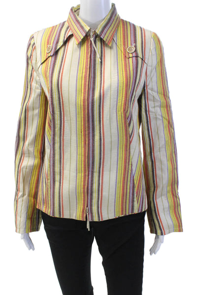 Akris Punto Womens Textured Cotton Long Sleeve Collar Stripe Zip Top Multi Size