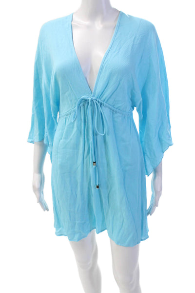 Elan Beach Womens V-neck Short Sleeve Tie Front Mini Dress Blue Size S