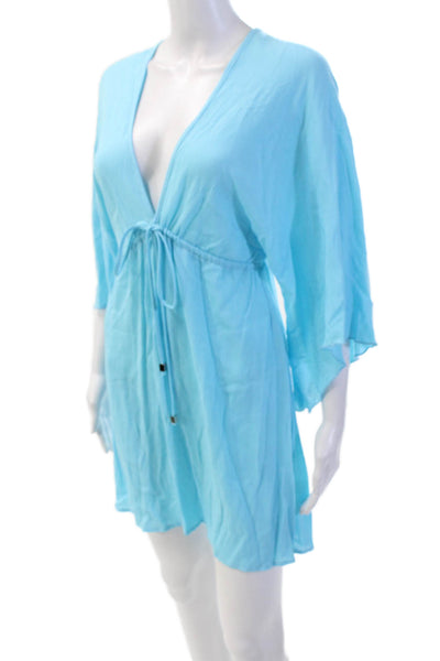 Elan Beach Womens V-neck Short Sleeve Tie Front Mini Dress Blue Size S