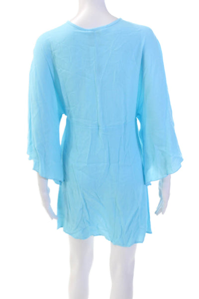 Elan Beach Womens V-neck Short Sleeve Tie Front Mini Dress Blue Size S