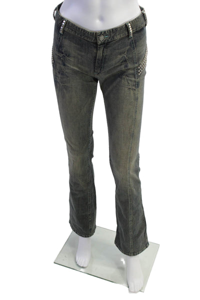David Meister Womens Cotton Studded Detail Boot Cut Jeans Stonewash Gray Size 2