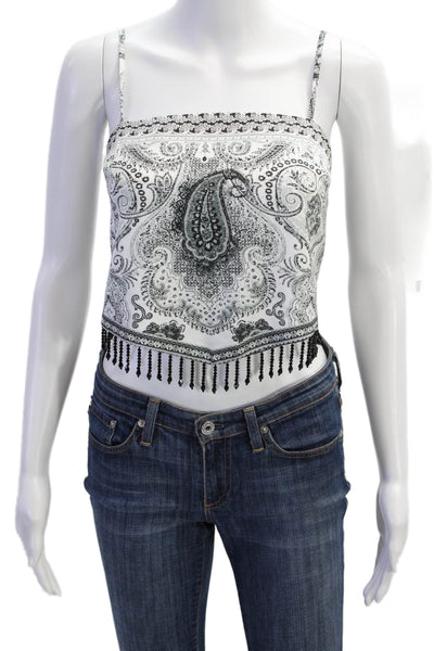 Rachel Zoe Womens Paisley Print Sleeveless Beaded Trim Crop Top White Size XS