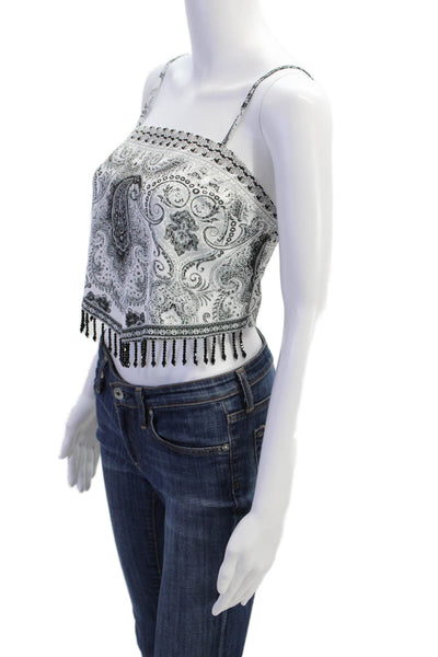 Rachel Zoe Womens Paisley Print Sleeveless Beaded Trim Crop Top White Size XS
