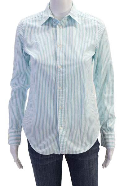 Ralph Lauren Womens Cotton Collared Striped Button Down Shirt Blue Size 2