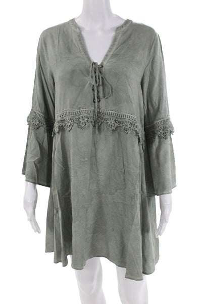 En Creme Womens Y-Neck Lace-Up Long Sleeve Mini Dress Solid Green Size L