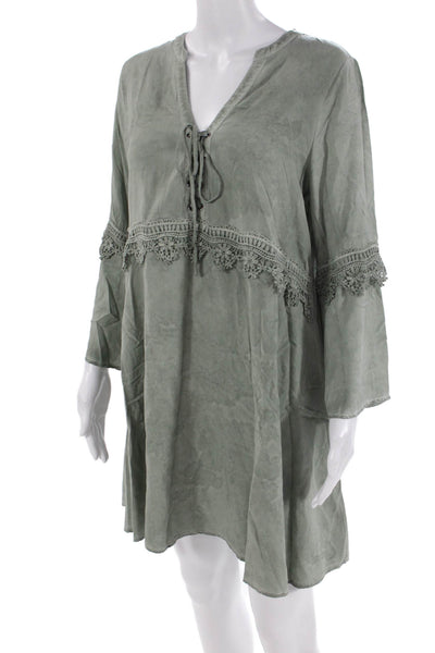 En Creme Womens Y-Neck Lace-Up Long Sleeve Mini Dress Solid Green Size L