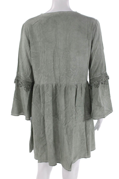 En Creme Womens Y-Neck Lace-Up Long Sleeve Mini Dress Solid Green Size L