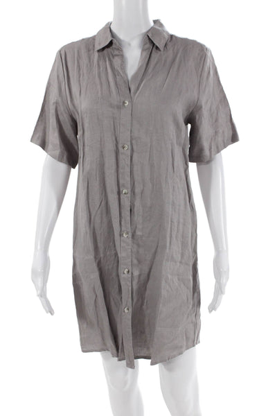 Elan Womens Linen Short Sleeve Collared Buttoned Shirt Dress Gray Size M