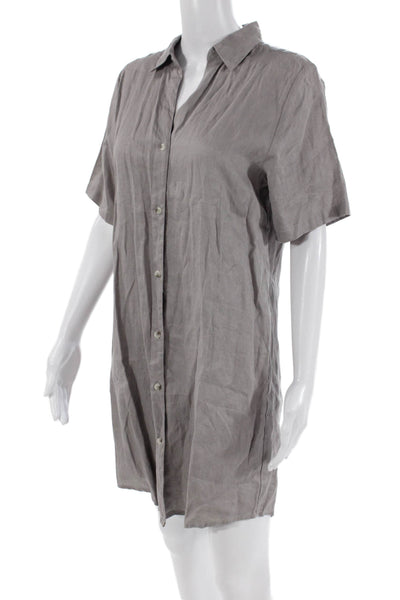 Elan Womens Linen Short Sleeve Collared Buttoned Shirt Dress Gray Size M