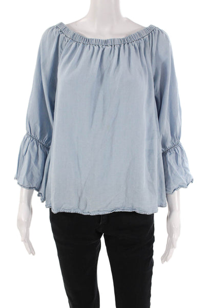 Sanctuary Womens Off The Shoulder Long Sleeve Blouse Top Blue Size S