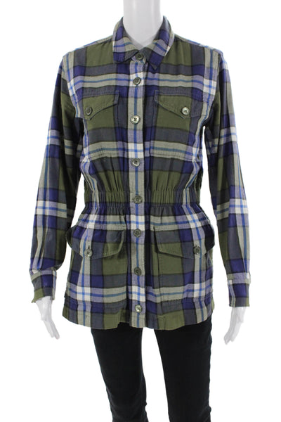 Equipment Femme Womens Cotton Plaid Collared Button-Down Top Green Size XS
